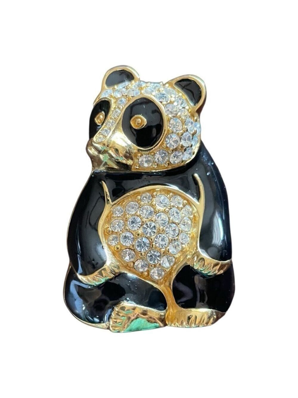 Vintage Trifari Black Enamel Rhinestone Pondering Panda Bear Brooch Animal